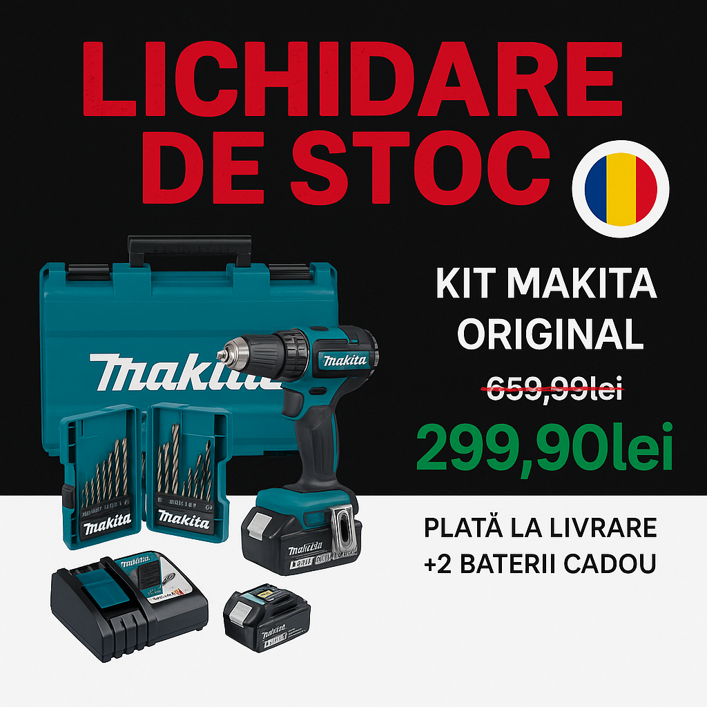 KIT ORIGINAL: Burghiu cu impact puternic + 45 ACCESORII + 2 BATERIE 48v
