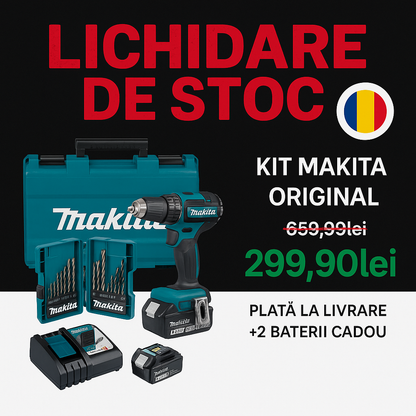 KIT ORIGINAL: Burghiu cu impact puternic + 45 ACCESORII + 2 BATERIE 48v